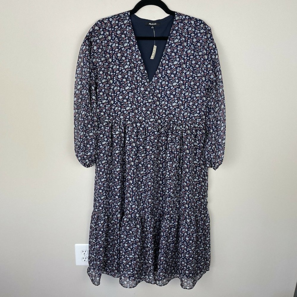 Madewell Tie Waist Midi Dress in Harvest Vine Navy Blue Floral Lined Size M